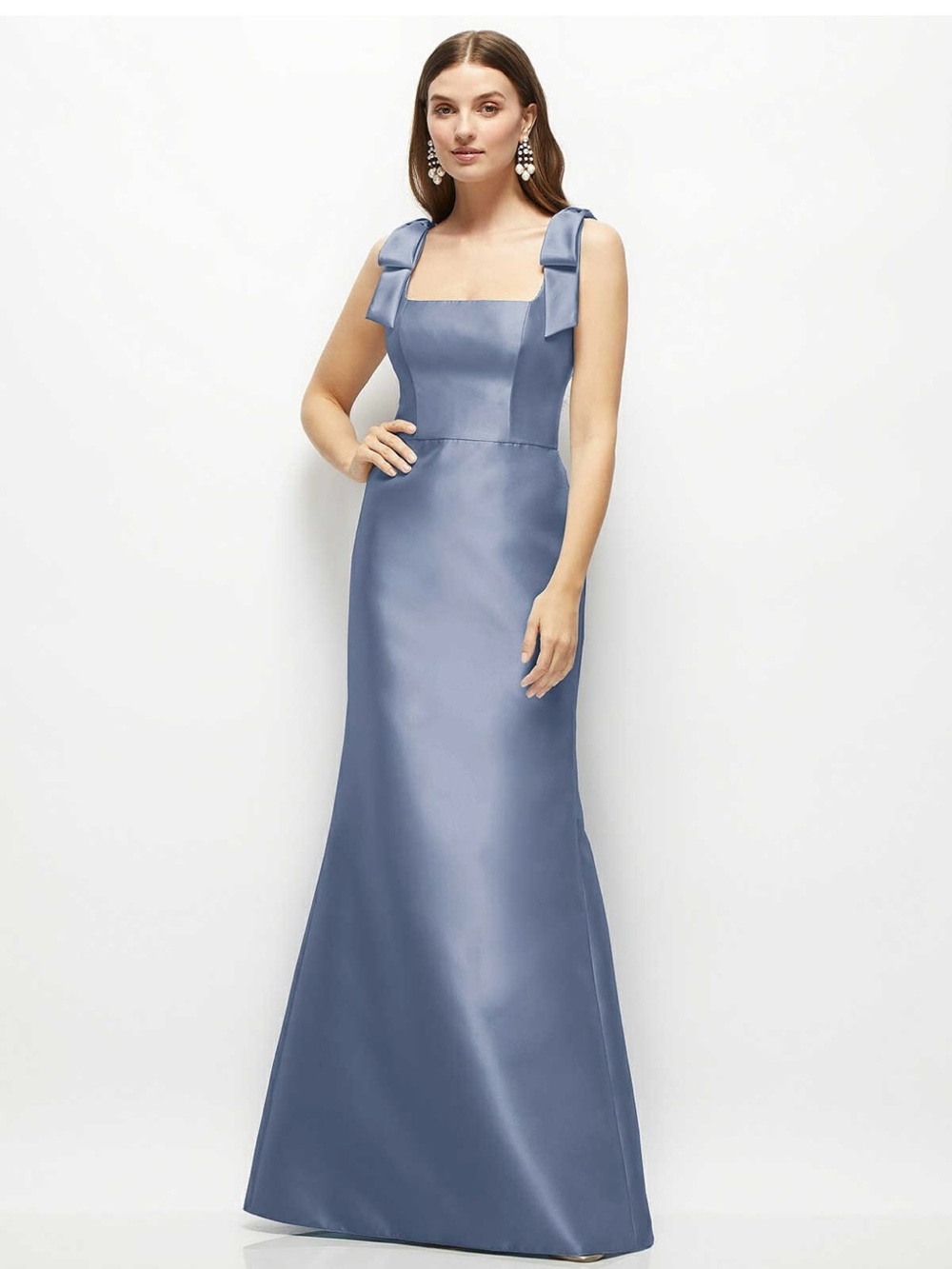 Dessy Elegant Slate Blue Satin Gown with Bow Straps-NWT